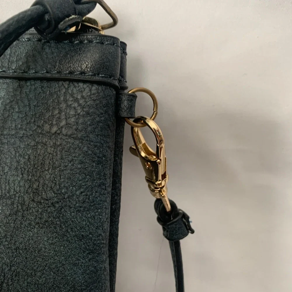 Wilsons Leather Wristlet Pouch Dark Teal Blue Pebbled Leather Gold Hardware Mini